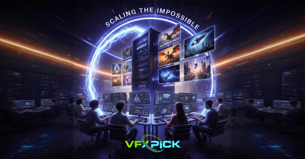 VFXPick team delivering complex Hollywood VFX shots with high-speed production workflow