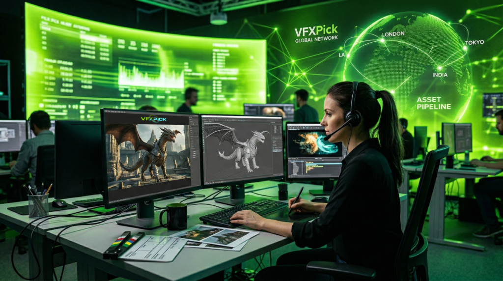 VFX artist working on 3D dragon model in a VFX asset development services studio with global pipeline network