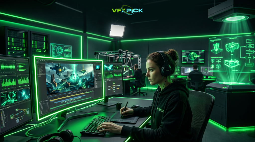 End-to-End Post-Production Solutions workspace with editor using VFX software, multi-screen setup, and advanced digital editing studio