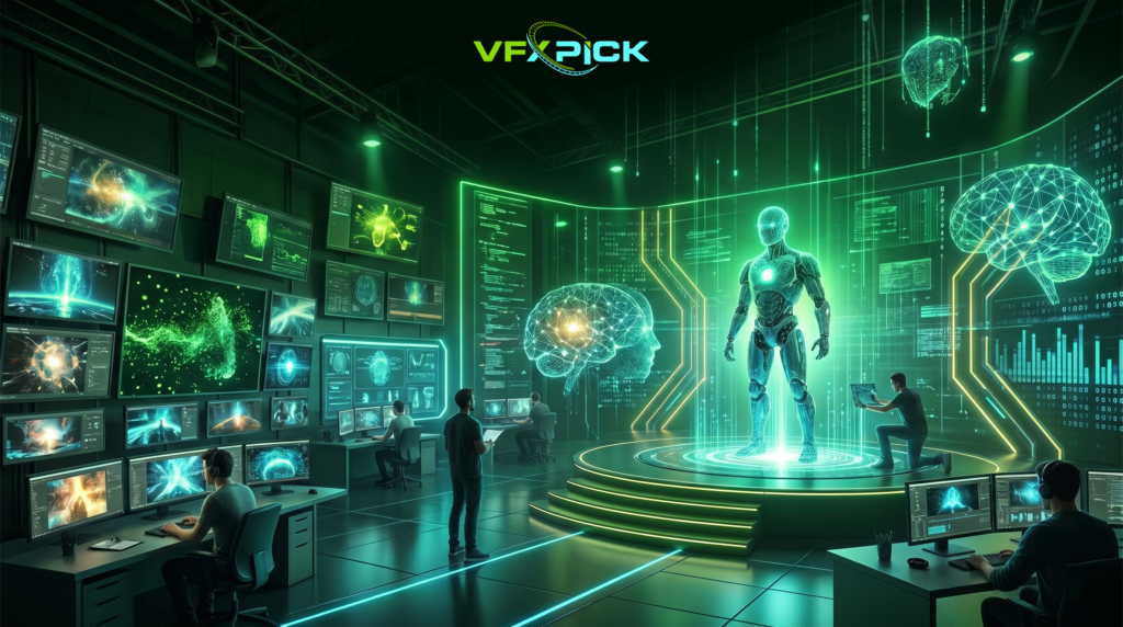 Next-generation AI visual effects lab with holographic humanoid, neural visuals, and developers working on advanced VFX systems