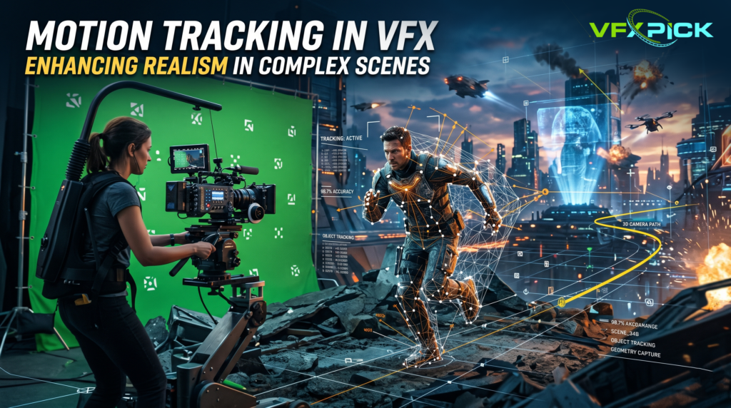 Motion tracking in VFX showcasing a green screen film setup with CGI character integration for realistic cinematic visual effects.