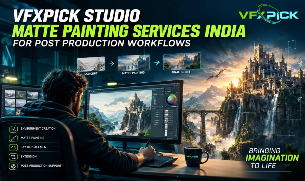 VFXPick Studio Matte Painting Services India for post-production workflows with digital environment creation and cinematic VFX scene